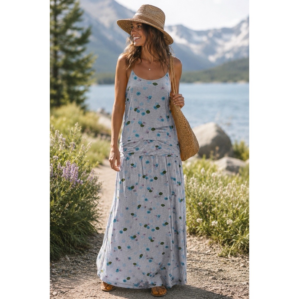 $295 Toad Co Long Island Dress M Maxi Gray Floral Organic Built In Shelf Bra NWT